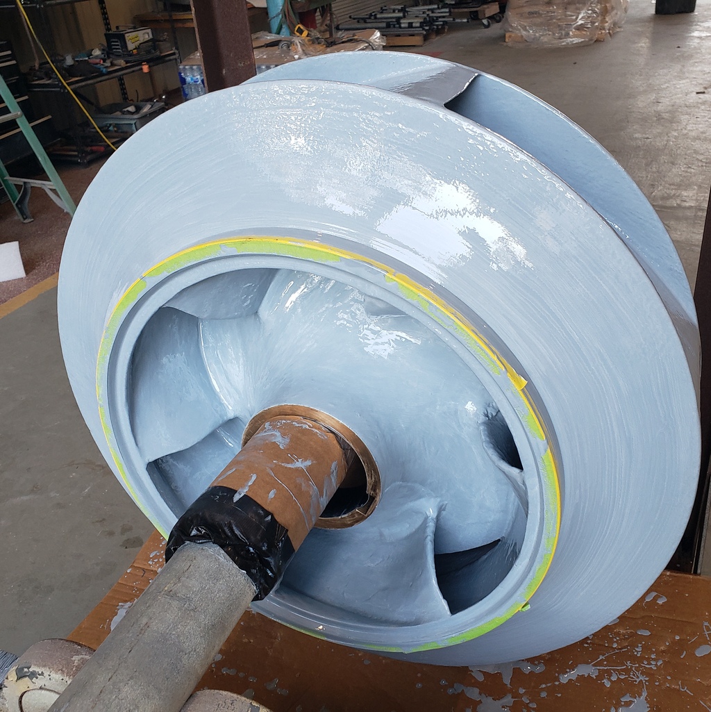 An impeller after first coat of 100% solids coating by Coatech Baton Rouge. 